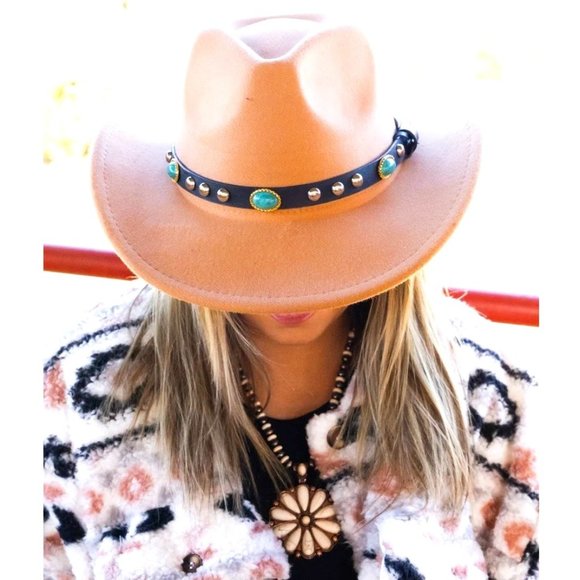 Styline Accessories - Hat. Tan Felt. Faux Leather Band. Turquoise Stones, Silver Studs.